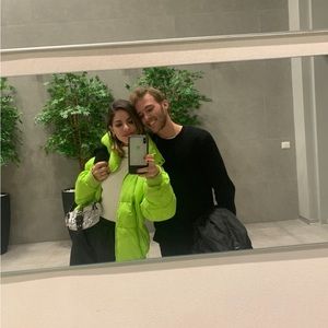 Lucky Brand Puffer Neon Green Coat hooded flowers L